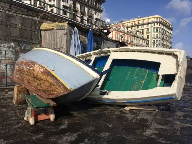 Naples (Italy) Old abandoned boats. December 2018
