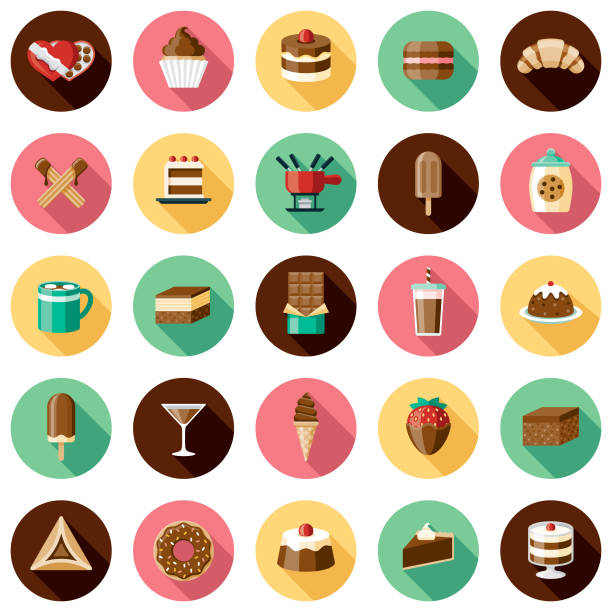 Chocolates Icon Set A set of icons. File is built in the CMYK color space for optimal printing. Color swatches are global so it’s easy to edit and change the colors. dessert stock illustrations