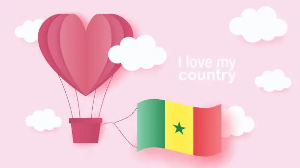 Vector illustration of Hot air balloons in shape of heart flying in clouds with national flag of Senegal. Paper art and cut, origami style with love to Senegal