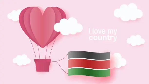 Vector illustration of Hot air balloons in shape of heart flying in clouds with national flag of Kenya. Paper art and cut, origami style with love to Kenya