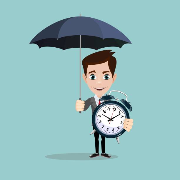 istock Full length portrait of a businessman standing under umbrella and keeps an alarm clock 1125521513