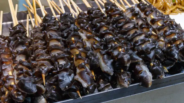 Photo of Fast food in the Asian market. Snack on wooden chopsticks resembles a sea cucumber prepared for frying