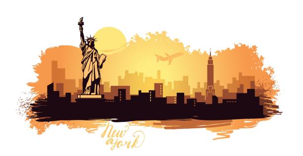 bildbanksillustrationer, clip art samt tecknat material och ikoner med abstrakta landskap av staden med sevärdheter i new york på färg fläckar - manhattan skyline sunset