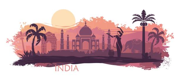 인도 타지마 할, 코끼리와 댄서의 양식된 풍경입니다. 벡터 배경 - taj mahal india gate palace stock illustrations