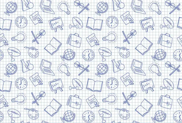Vector illustration of Seamless background on the school theme in the style of sketches on a notebook sheet