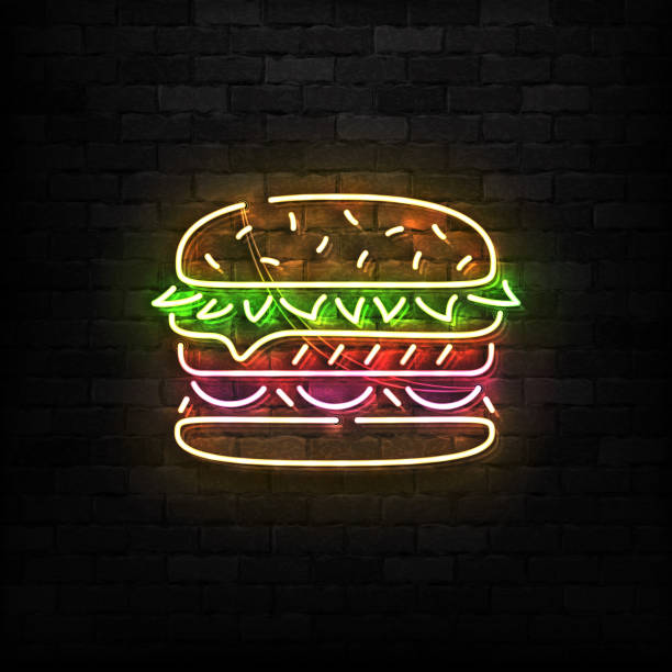 realistische vektor isoliert leuchtreklame des burger-logos für vorlage dekoration und verkleidung auf der wand-hintergrund. konzept der fast-food, café und restaurant. - hamburger schnellgericht stock-grafiken, -clipart, -cartoons und -symbole