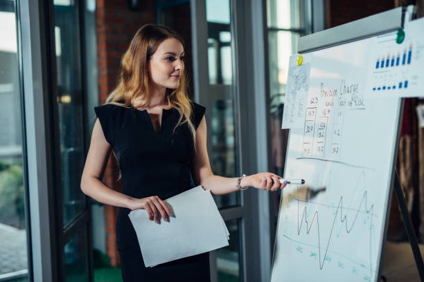 istock Female executive giving a presentation pointing at diagrams drawn on whiteboard 1125553366