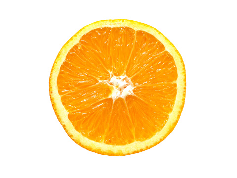 Fresh ripe orange cut in half isolated on white background