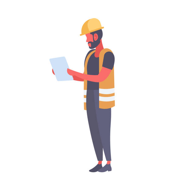 ilustraciones, imágenes clip art, dibujos animados e iconos de stock de ingeniero de la construcción del hombre holding constructor de hombre técnico plan papel usar chaleco protector y casco cartoon carácter largo plano aislado - construction worker building contractor craftsperson full length