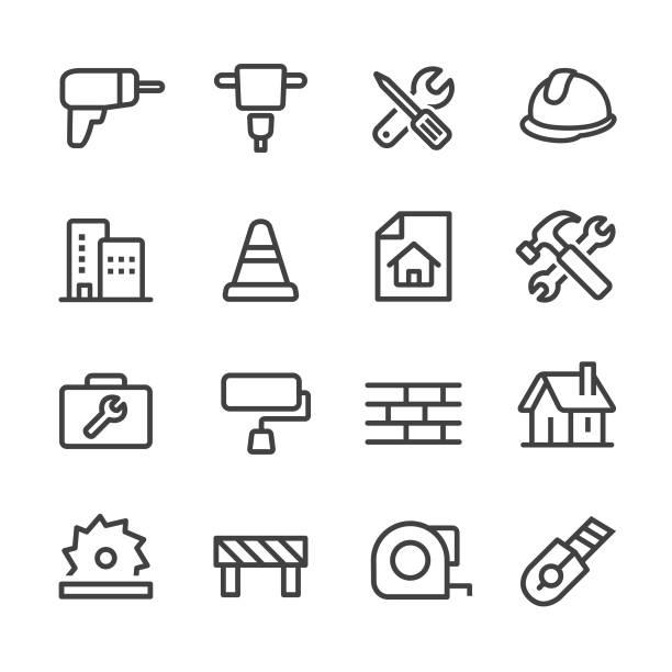 ikony konstrukcyjne - seria liniowa - construction construction material work tool group of objects stock illustrations