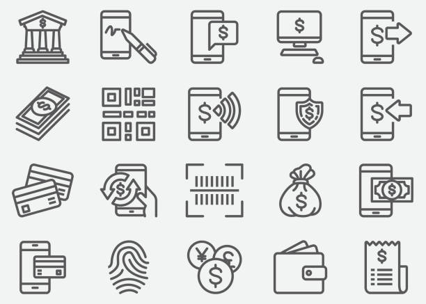 Internet Mobile Banking Line Icons Internet Mobile Banking Line Icons bank financial building patterns stock illustrations