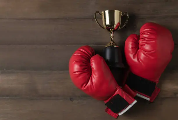 Photo of red boxing glove and trophy on wood bcakground