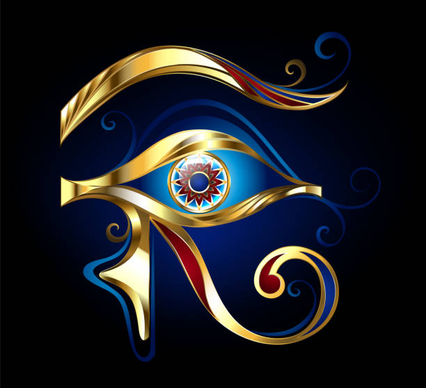 Gold Eye of Horus Amulet Eye of Horus of glittering gold, decorated with red and blue enamel on dark blue background. horus stock illustrations