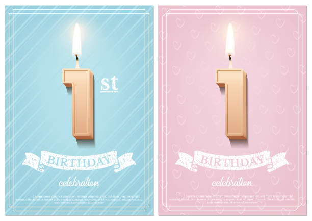 illustrazioni stock, clip art, cartoni animati e icone di tendenza di candela di compleanno numero 1 con nastro vintage e testo per la celebrazione del compleanno su sfondi blu e rosa testurti in formato cartolina. modelli di invito verticale vettoriale per il primo compleanno per ragazzi e ragazze. - first birthday