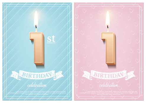 Burning number 10 birthday candles with vintage ribbon and birthday celebration text on textured blue and pink backgrounds in postcard format. Vector vertical birthday invitation templates for boys and girls.