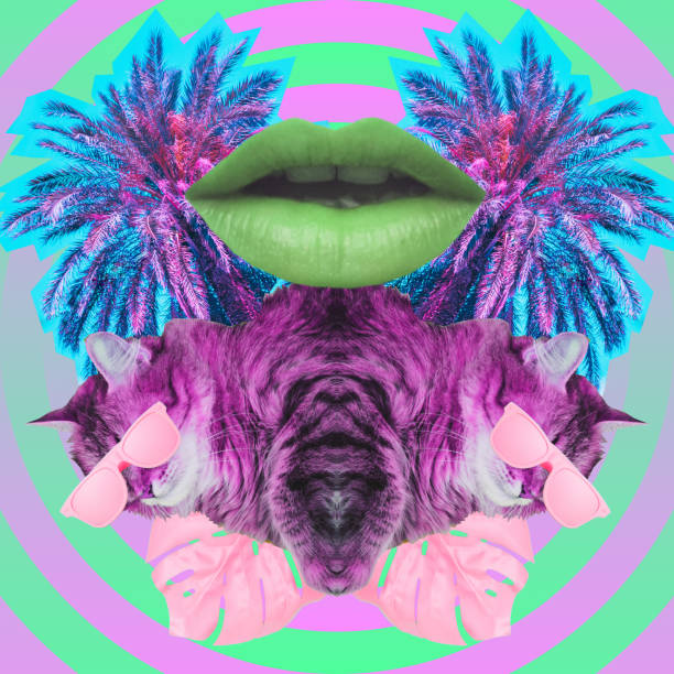 istock mirrored cats in sunglasses, palm trees and lips 1125575617