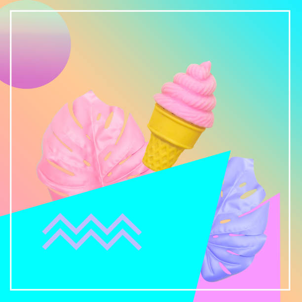 ice cream, monstera leaves and lines Contemporary art collage with pink ice cream, monstera leaves and lines neon sign ice cream stock pictures, royalty-free photos & images