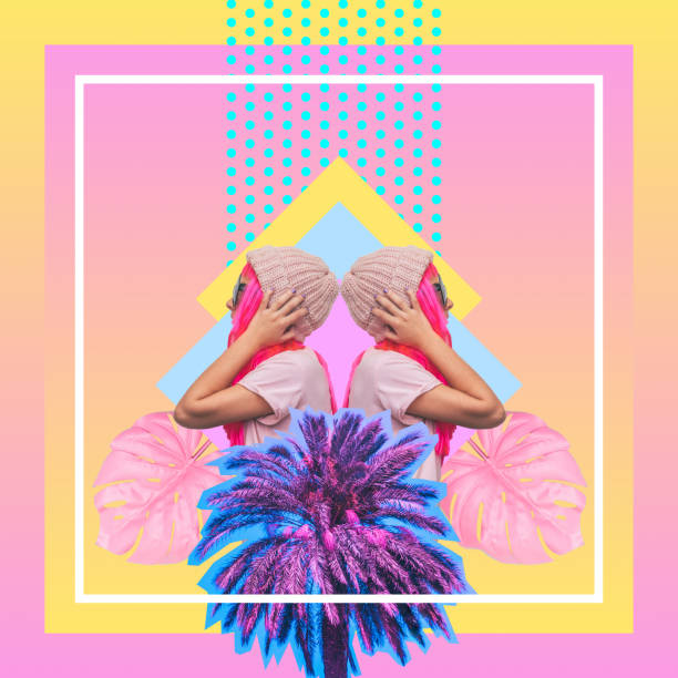 dj girls with pink hair, palm trees and monstera leaves Contemporary art collage of mirrored dj girls with pink hair, palm trees and monstera leaves on summer beach party vaporwave photos stock pictures, royalty-free photos & images
