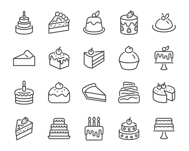 set of bakery icons, such as cake, doughnut,  bread, cheese, pie, tart set of bakery icons, such as cake, doughnut,  bread, cheese, pie, tart dessert stock illustrations