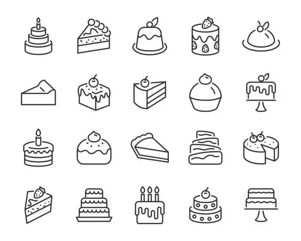 Vector illustration of set of bakery icons, such as cake, doughnut,  bread, cheese, pie, tart