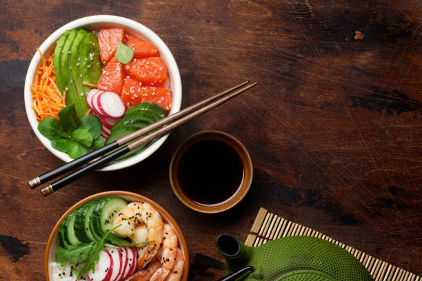 istock Poke bowl with salmon, shrimps and vegetables 1125579737