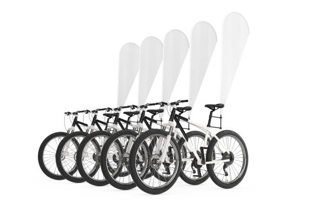 Row of Mountain Bicycles with Blank Banner Promotion Feather Flags on a white background. 3d Rendering