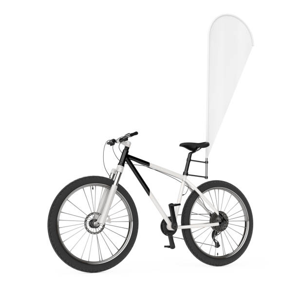 istock Mountain Bicycle with Blank Banner Promotion Feather Flag. 3d Rendering 1125580667