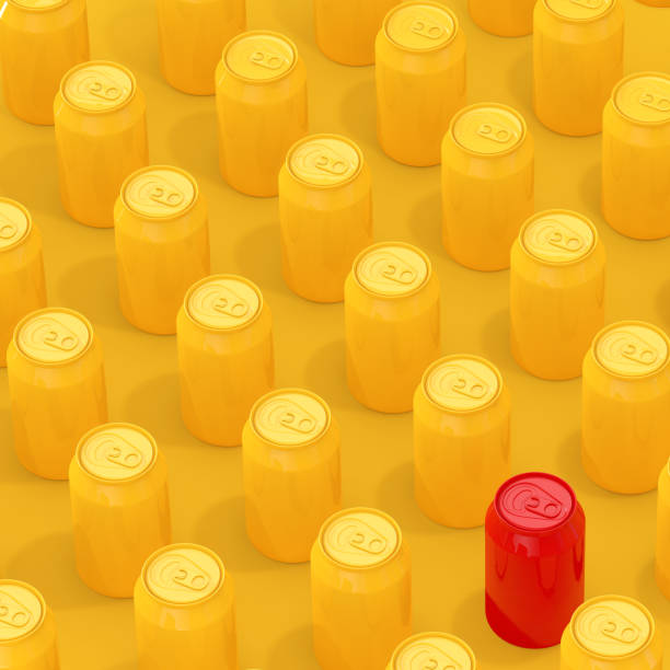 istock Rows of Yellow Isometric Blank Aluminum Drink Cans with One Red. 3d Rendering 1125580771
