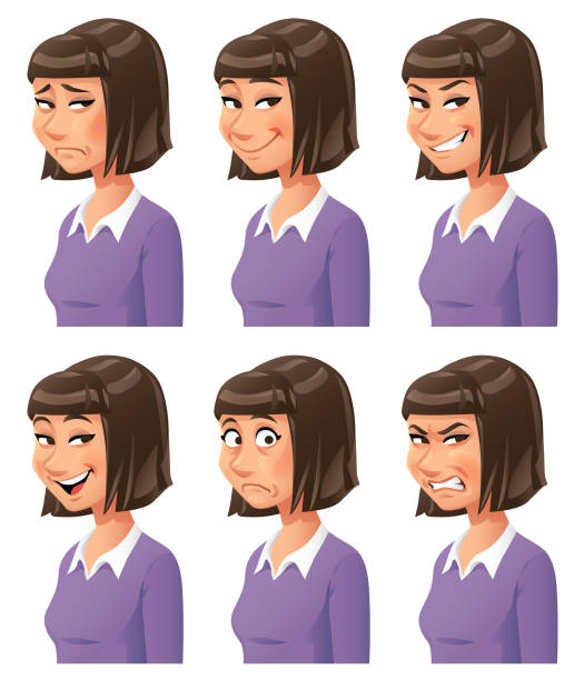 Young Woman Emotions Vector illustration of a young woman with six different facial expressions: sad, smiling, mean/ smirking, laughing, stunned/surprised and furious. Portraits perfectly match each other and can be easily used for facial animation by simply putting them in layers on top of each other. smirk stock illustrations