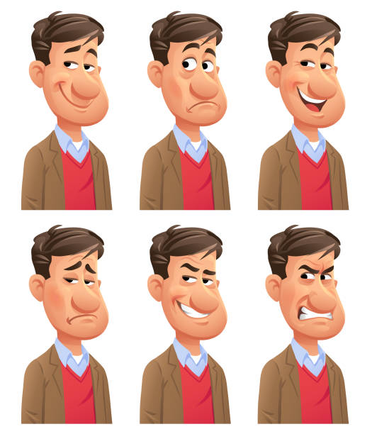 Young Man Emotions Vector illustration of a young man with six different facial expressions: smiling, stunned/surprised, laughing, sad, mean/ smirking and furious. Portraits perfectly match each other and can be easily used for facial animation by simply putting them in layers on top of each other. Cruel stock illustrations