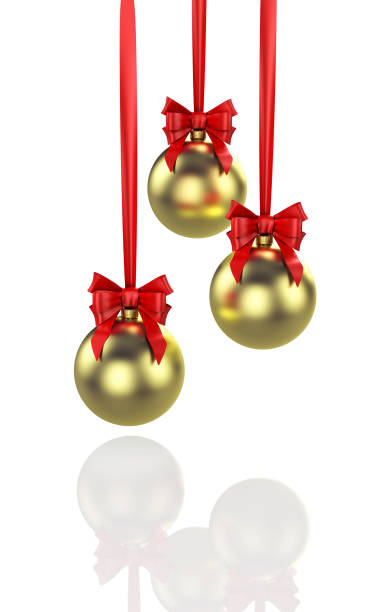 istock Three shiny gold christmas balls with red baw. 3D render 1125583047