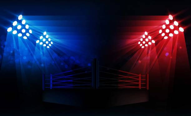 boks ring arena i reflektory wektor projekt jasny stadion arena świeci czerwony niebieski. oświetlenie wektorowe - wrestling stock illustrations