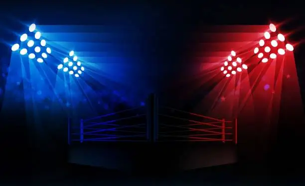 Vector illustration of Boxing ring arena and floodlights vector design Bright stadium arena lights red blue. Vector illumination