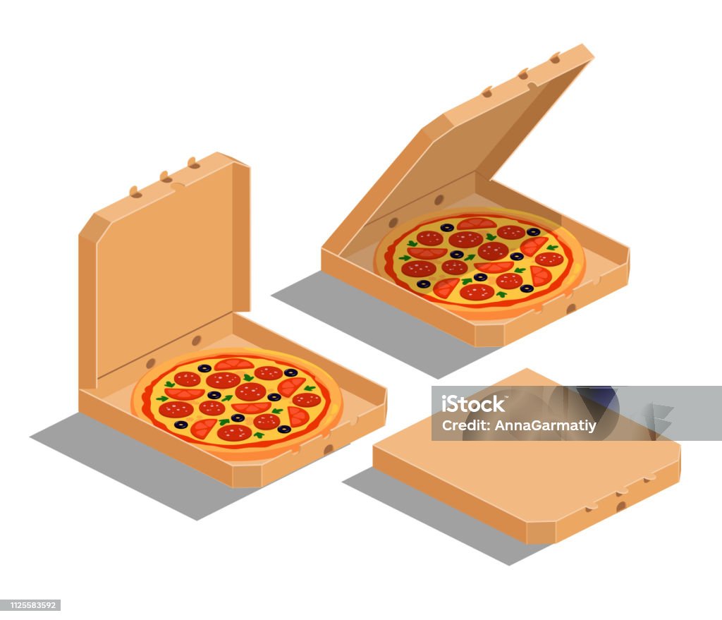 Pizza isometric Isometric image of brown cardboard boxes with pizza: closed, open, ajar. Vector illustration set isolated on the white background. Pizza stock vector