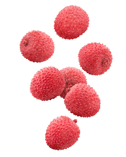 Falling lychee, clipping path, isolated on white background, full depth of field stock photo