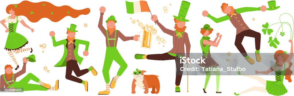 St Patricks Day Horizontal banner template St Patricks Day Horizontal banner template. Cute cartoon leprechauns with mugs of beer dancing. Flat Art Vector illustration St. Patrick's Day stock vector