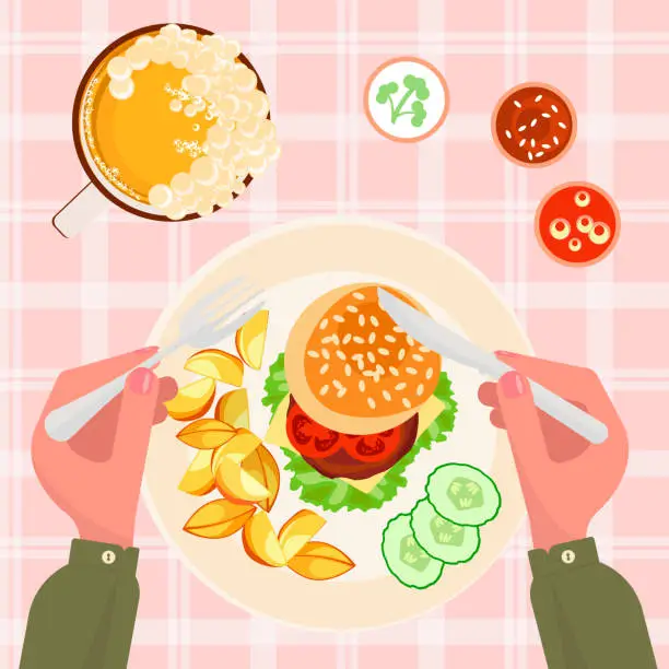 Vector illustration of Top view Burger, french fries and beer
