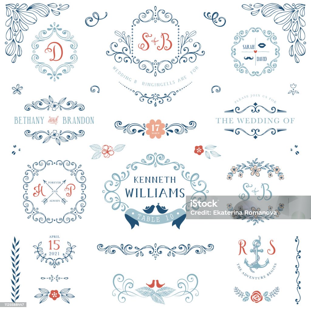 Rustic Design Elements_01 Floral wreaths, monograms and frames collection. Set of cute hand drawing retro rustic design elements perfect for wedding invitations, save the date, thank you, menu, reply and greeting cards. Wedding stock vector