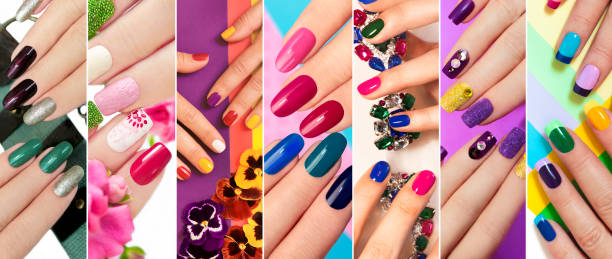 A diverse range of nail design.Solid color manicure with bright nail polishes.