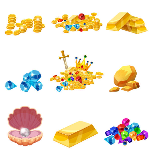 schatz, goldmünzen eingestellt, rock, gold-nugget, bars, juwelen, krone, muschel perle. vektor, isoliert, cartoon-stil, für spiele, apps, weißer hintergrund - pearl oyster shell white stock-grafiken, -clipart, -cartoons und -symbole