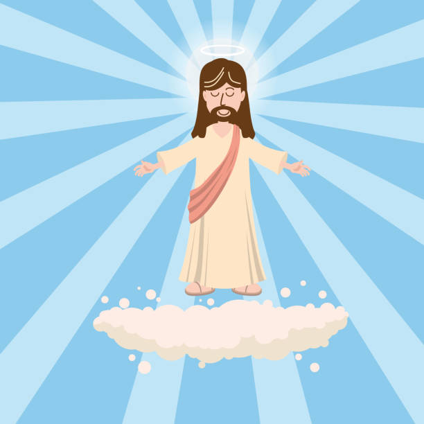 Cute God smiles with love with open arms, a nimbus of a saint above his head, on a cloud in paradise, Christianity, vector, isolated, cartoon style, diverging rays background Cute God smiles with open arms, a halo of saints above his head smile jesus loves you drawing stock illustrations