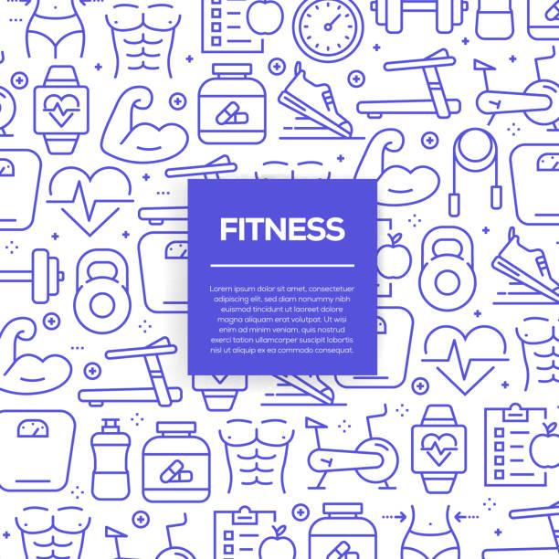 Vector set of design templates and elements for Fitness in trendy linear style - Seamless patterns with linear icons related to Fitness - Vector Vector set of design templates and elements for Fitness in trendy linear style - Seamless patterns with linear icons related to Fitness - Vector gym designs stock illustrations