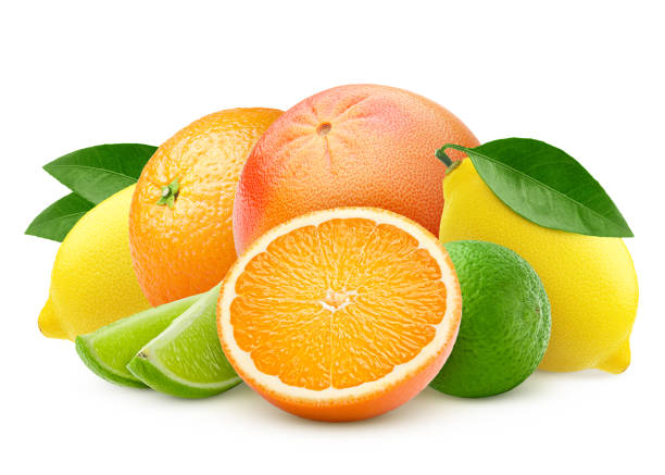 agrumes, mixer, citron, orange, lime, pamplemousse isolé sur fond blanc, un tracé de détourage, toute la profondeur de champ - lime fruit citrus fruit portion photos et images de collection