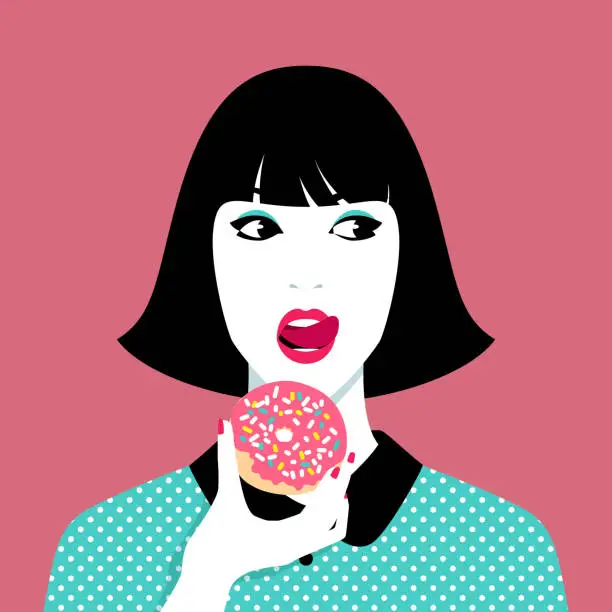 Vector illustration of Woman eating donut