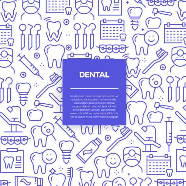 векторный набор шаблонов дизайна и элементов для dental в модном линейном стиле - бесшовные узоры с линейными иконками, связанными с dental - vector - dentist office stock illustrations