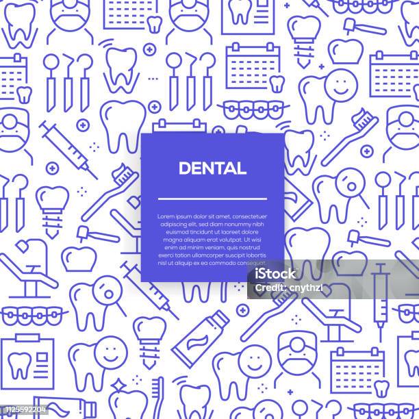 Vector Set Of Design Templates And Elements For Dental In Trendy Linear Style Seamless Patterns With Linear Icons Related To Dental Vector Stock Illustration - Download Image Now