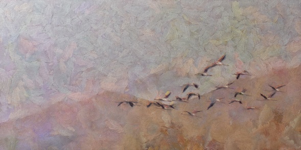 Painting of Flamingos migration from lake, Oil painting of migrating flamingos flying over the mountains