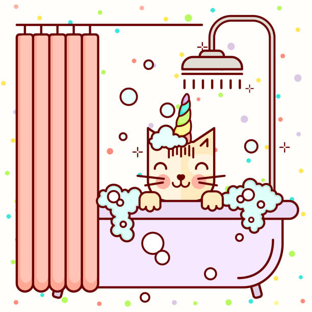 istock Vector Line style kawaii cat unicorn takes a bath. Grooming salon illustration. Cat washing linear icon. 1125594493