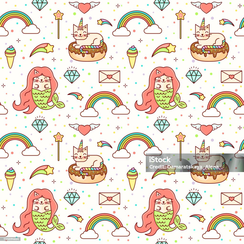 Vector kawaii seamless magic baby background with unicorn, mermaid, star, diamond, catcorn, cloud and rainbow. Kids line style illustration with dreaming magic kitty. Bright pattern for children. Vector kawaii seamless cute baby background with unicorn, mermaid, star, diamond, catcorn, cloud and rainbow. Kids line style illustration with dreaming magic kitty. Bright pattern for children. Animal stock vector