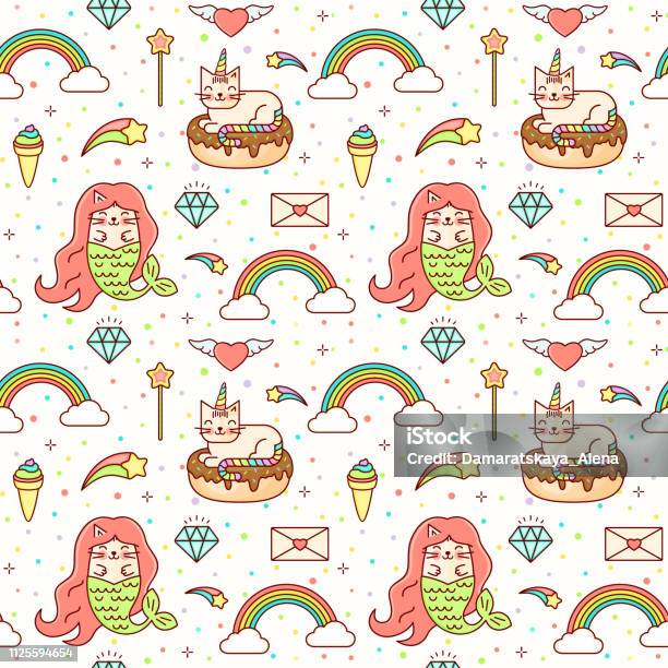 Vector Kawaii Seamless Magic Baby Background With Unicorn Mermaid Star Diamond Catcorn Cloud And Rainbow Kids Line Style Illustration With Dreaming Magic Kitty Bright Pattern For Children Stock Illustration - Download Image Now